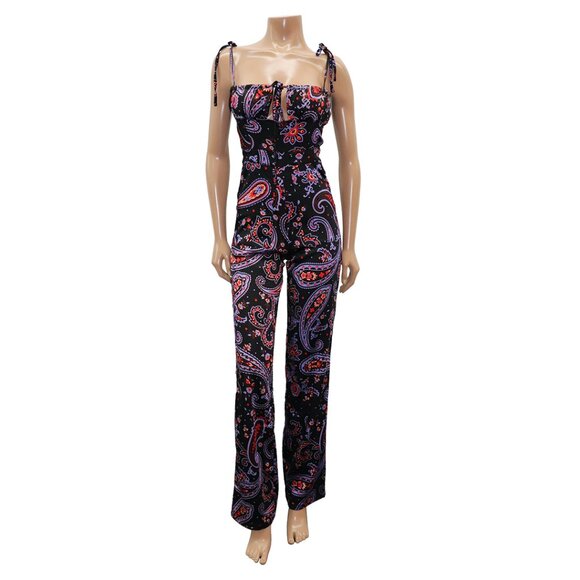 WeWoreWhat Danielle Bernstein Black Multi Paisley Satin Jumpsuit 4 - Picture 2 of 6